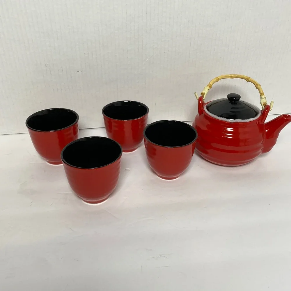 New Asian Tea Set Teapot‎ with Bamboo Handle 4 Cups Red Black Chinese Writing